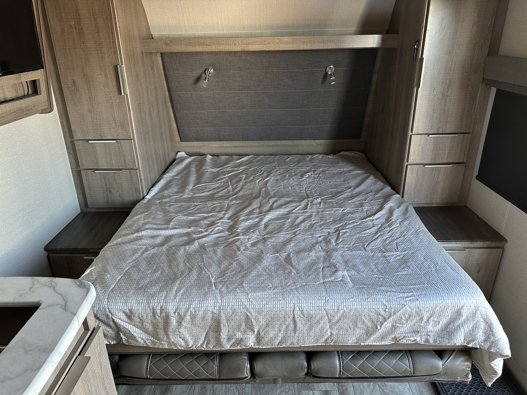 Main bed inside the travel trailer